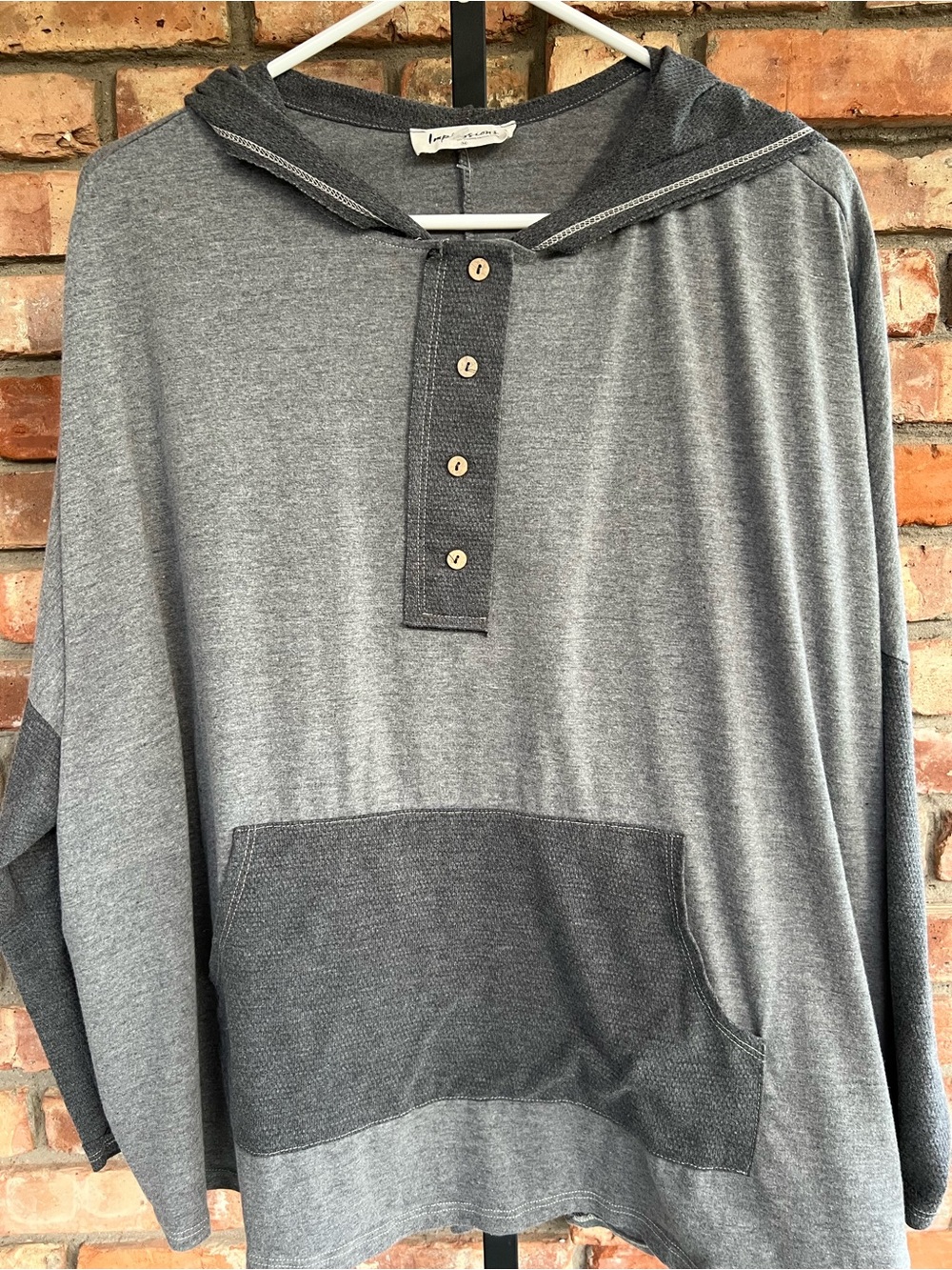 Impressions Gray Hooded Oversized Henley Pullover with Kangaroo Pocket